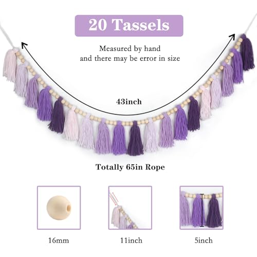 Tasruwat Purple Yarn Wood Bead Tassel Garland Wall Hanging Decor Boho Lavender Banner Tassels for Classroom Baby Shower Birthday Party Nursery Girls Dorm Room Bedroom Wedding Decorations by Tasruwat - Used condition - Image 3
