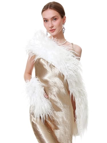 LA CARRIE Women Fluffy Faux Fur Shawl Collar Scarf Wrap for Winter Evening Bridal Wedding Cape with Single Glove(White)