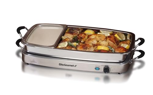 Elite Gourmet EWM-9933 Triple 3 x 2.5 Quart Trays Buffet Server 7.5 Qt Oven Safe Pan Food Warmer, Temperature Control, Clear Slotted Lids, Perfect for Parties, Entertaining & Holidays, Stainless Steel
