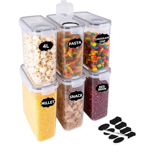 Set of 6 Cereal Storage Container 4L Airtight Food Cereal Dispenser Containers Stackable Kitchen Storage Boxes Plastic Pantry Organization with Lock Lids for Cornflakes Flour Sugar Pasta