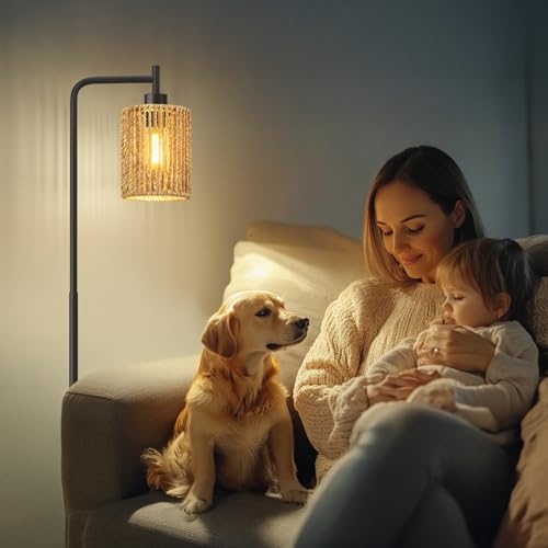 Image of Oneach 66 inch Black Floor Lamp for Living Room, Boho Floor Lamp with LED Bulb, Rattan Shade, Foot Switch, Industrial Tall Standing Lamp for Bedroom, Dining Room, Study Room, Office