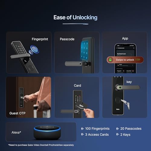 Image of QUBO Smart Door Lock Select from Hero Group | 7-Way Unlocking | Fingerprint | OTP Remote Unlocking | PIN | RFID Card | Mobile App | Mechanical Key | 2 Year Brand Warranty | (Black)