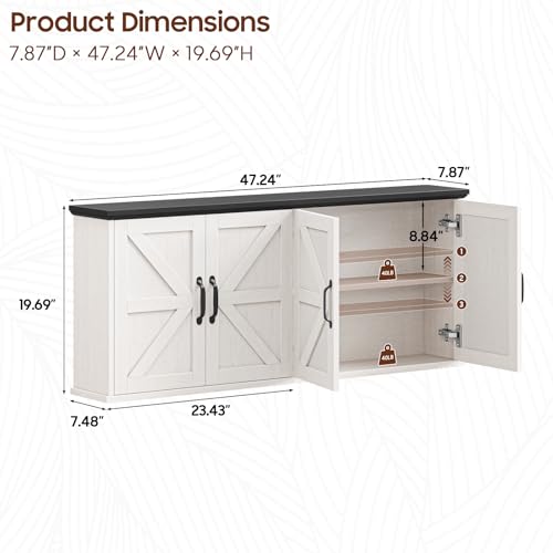 Image of Halitaa 47 inch Laundry Room Cabinets and Storage with 4 Doors and Utility Adjustable Shelf, Large Wall Mounted Storage Cabinet, Upper Kitchen Cabinet for Laundry, Bathroom, and Kitchen, White and Black