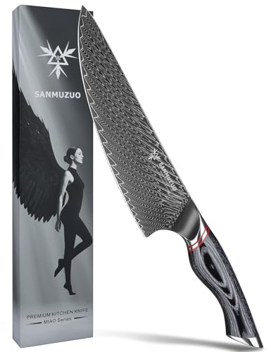 SANMUZUO Coltello da chef da 20 CM - Coltello da cucina giapponese professionale - Acciaio Damasco nero con impugnatura ergonomica - Serie MIAO