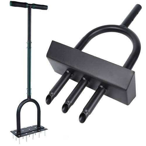 YOFIT 3-in-1 Lawn Aerator Tool with Spikes, Manual Core Yard Aerator, Grass Plug Air Aerators with Soil Tray, Metal Aeration Tools with Changeable Head for Lawn Care, Garden Maintenance (38.2 Inch)