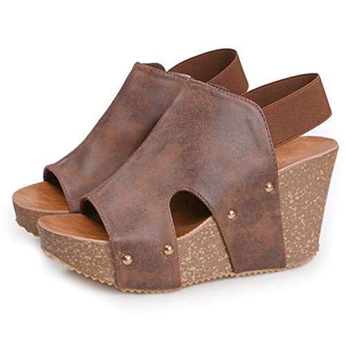 Sandals Women, Platform Wedged Sandals Women, Brown Sandals Summer Dressy Leather Peep-Toe Sandals Hollowed Out Roman Retro Sandals Slip On #TOP26