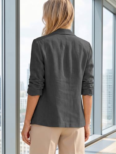 Image of Mina Self 2026 Summer Women's Linen Blazer Jacket - Lightweight Breathable 3 /4 Stretchy Ruched Sleeve Casual Work with Pocket