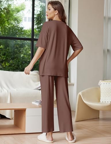 Image of Ekouaer Lounge Sets for Women Short Sleeve Tops and Long Pants Soft Comfy Pajamas Set 2 Piece Outfits
