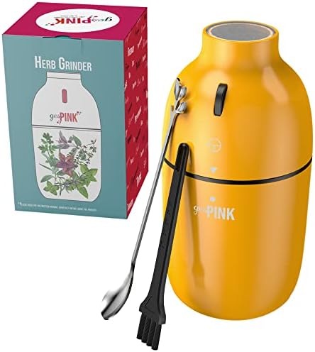 gesPINK Herb Grinder, Electric Spice Grinder, Automatic Grinder for Leaves, Beans, Nuts, Seeds, Grains, Coffee Grinder with Stainless Steel Cup, Easy to Use and Clean, with Spoon and Brush (Yellow)