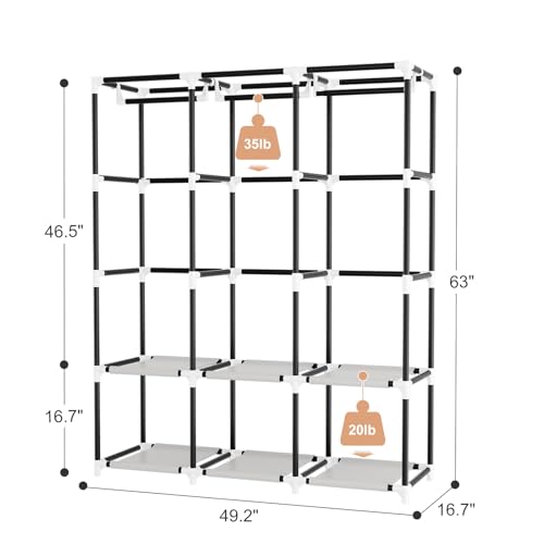 Image of Wardrobe Closet Portable Closets for Hanging Clothes Large Capacity Clothes Rack with Cover, 3 Hanging Rods, 6 Shelves and 8 Pockets, Strong and Stable Free Standing Closet for Bedroom, White