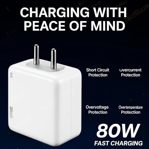 Image of 80W Fast Charger Adapter & USB-A to Type C Cable Combo, Compatible with OnePlus, Realme, Xiaomi, Redmi, OPP, Vivo & Other Smartphones, Type C Charger Supports Dash, Warp, Vooc,SuperVooc