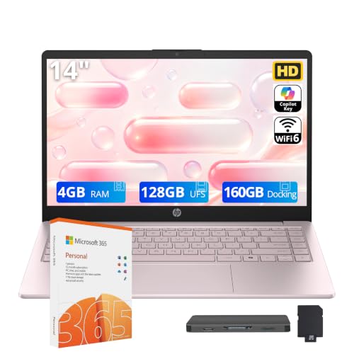 Image of HP Flagship 14 inch HD Student&Business Laptop, 13th Gen Intel 4-Core, 4GB RAM, 288GB Storage (128GB UFS + 160GB Docking Station), 1 Year Office 365, AI Copilot, Wi-Fi 6, Win 11 S, Tranquil Pink