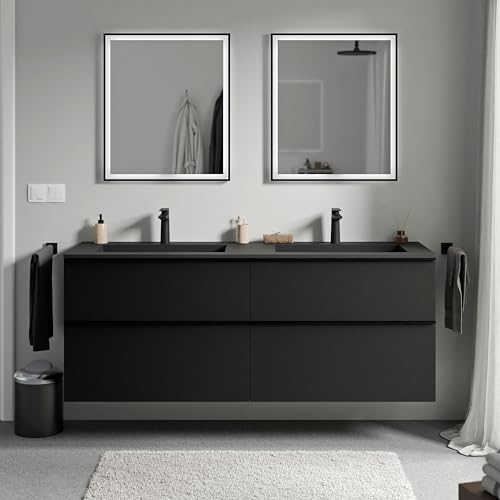 BERNSTEIN - Meuble vasque suspendu salle de bain MDF Noir mat, lavabo fonte minérale Noir mat + trou robinet, poignée métal Noir mat - 160x46x62cm - LAVOA