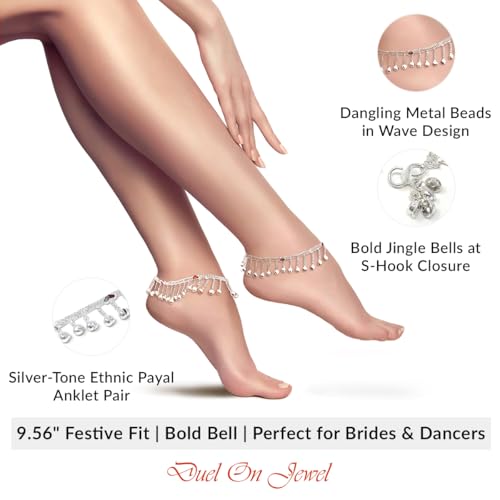 Image of Duel On Jewel Silver Plated Anklet for Women, Traditional Payal Pair with Chain Link Design and Ghungroo Bell Detail, 10 Inch Comfort Fit Foot Accessory, Ethnic Everyday Wear, Wedding Gift
