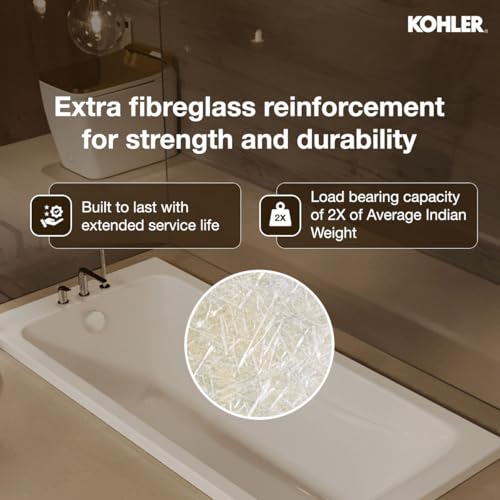 Image of Kohler Reach Bath tub for bathroom | Drop-in Acrylic Bathtub with Lumbar Support | Ergonomically-Crafted for Small & Medium Bathrooms | White, 1500mm