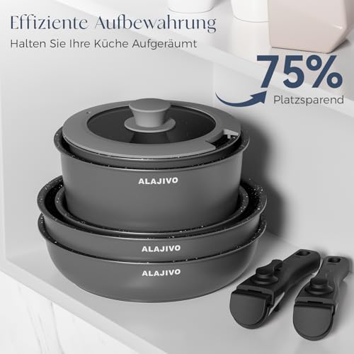 Topfset mit Abnehmbarer Griff, 17-Teilig Topfsets Pfannenset mit Antihaft Beschichtet, Topfset Induktion Kochtopf Set mit Deckel… – Ansicht 3
