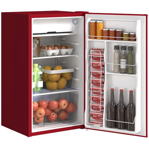HOMCOM 3.2 Cu.Ft Mini Fridge with Freezer Single Reversible Door Red