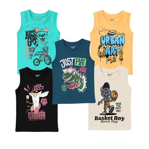 Image of kiddeo Boys Regular Fit 100% Cotton Sleeveless Roundneck T Shirt Combo (Pack of 5)