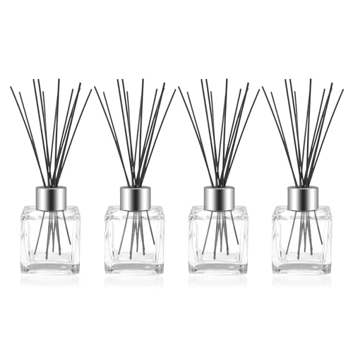 4 Pcs Glass Diffuser Bottles with Silver Caps, Empty Square Diffuser Bottles Set 50 ml / 1.7 oz Refillable Essential Oils Fragrance Diffuser Jars for Home Bathroom Office Desk Decor