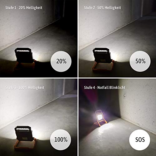 LED Akku Baustellenlampe Baustrahler 10W mit schnell aufladbarer USB Powerbank Batterie Werkstattlampe Arbeitsscheinwerfer Arbeitsleuchte 4400mAh 4-Licht-Modi Wasserschutz IP54