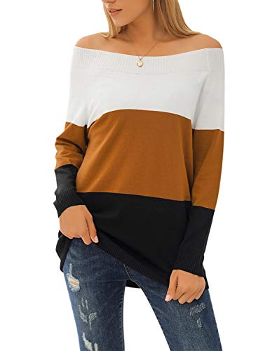 Blooming Jelly Women's Off The Shoulder Sweater Long Sleeve Shirt Lightweight Color Block Fall Tops?Large?Multicolour?