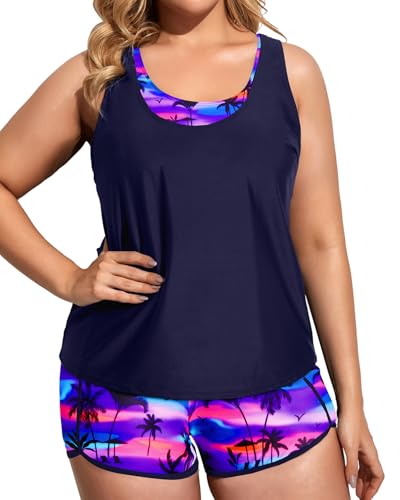Image of Holipick Women Plus Size Swimsuits - Athletic 3 Piece Tankini with Shorts | Sports bikini top, high waist shorts, tank top, removable pads. Athletic style for water activties