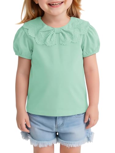 Toddler Girl Lace Peter Pan Collar T Shirts Baby Kids Cute Puff Short Sleeve Blouse Casual Tees Tops 9M-8Y Mint Green