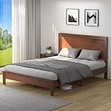 KOMFOTT Wood Queen Bed Frame with Headboard, Mid Century Platform Bed with Solid Wood Slats Support