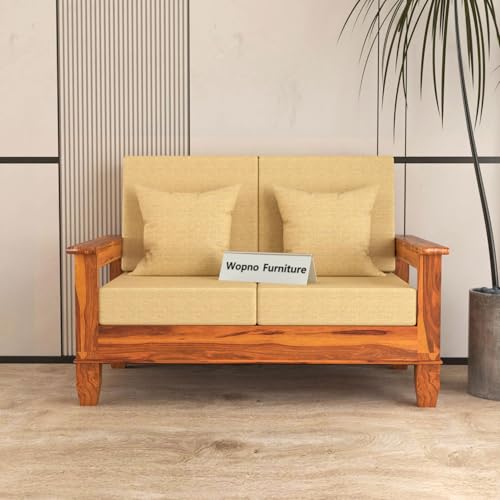 Image of Sheesham Wooden 2 Seater Sofa for Living Room | Rosewood Cushion Sofa with Side Newspaper Holder for Home & Office | Solid Wood Sofa Set for Lounge (Honey, 2 Seater)