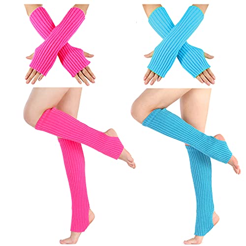 Echolife 2 Pairs Leg Warmers & 2 Pairs Arm Warmers Women Girls Over the Knee Ribbed Knit 80s Party Dance Sports (Hot Pink+Lake Blue)