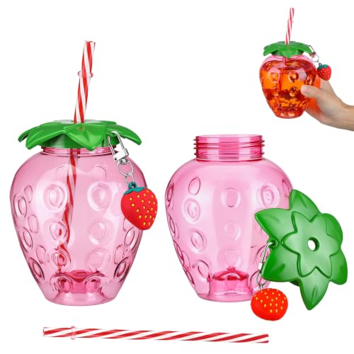 Sewroro 2pcs Pp Strawberry Cups, Strawberry Cups with Lid and Straw Fruit Juice Mugs for Summer Party