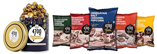 Image of 4700BC Nutty Tuxedo Chocolate Popcorn, Tin, 125g + 4700BC Gourmet Popcorn, 5 Flavours Pack (3 Cheese, 2 Caramel), 475g