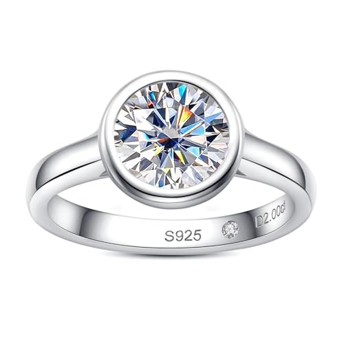 Moissanite Engagement Rings, 1/2/3 CT Bezel Setting Round Lab Created Diamond Solitaire Promise Rings in 14K White Gold Plated Sterling Silver, Anniversary Rings for Women
