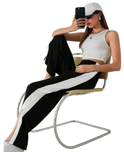 Image of Women's Wide Leg Track Pants with Side Stripe, Black and White, Elastic Waist