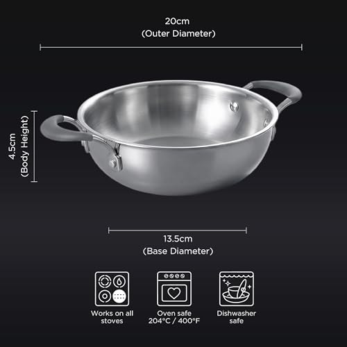 Image of Meyer Trivantage Pro Stainless Steel Triply Kadai | Steel Kadhai with Lid | Stainless Steel Cookware with Induction Base | 20cm /1.8L