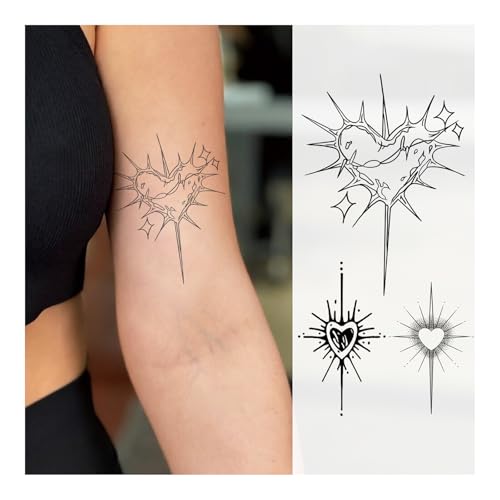 WEEKINK Cyber Heart Temporary Tattoo for Women – Liquid Metal Thorn Sternum Set, Long Lasting 1–2 Weeks Semi-Permanent Tattoo, Minimalist Radiant Starburst Fake Tattoo for Wrist & Shoulder (Set of 2)