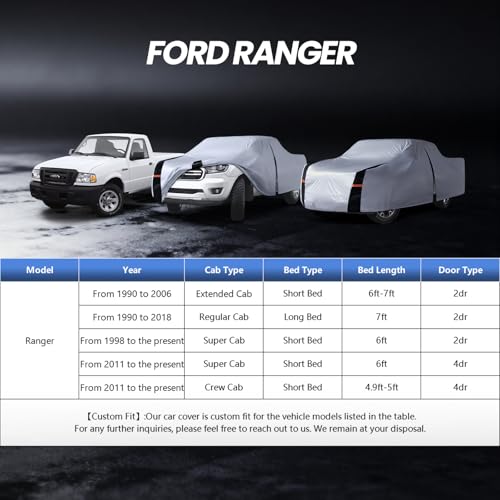 Image of Multi-Layer Ford Ranger Truck Cover, Custom fit Ranger 2019-2026 Super /Crew Cab Short Bed(4.9'-6')Car Cover Waterproof All Weather, Full Exterior Cover Rain Wind Dust and UV Protector With Door Zipper