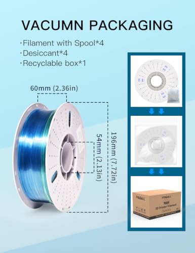 Image of PINBALL PETG Rainbow 3D Printer Filament 1.75mm, Multicolor Translucent PETG Filament Bundle, Accuracy + /- 0.02 mm, 4kg in Total