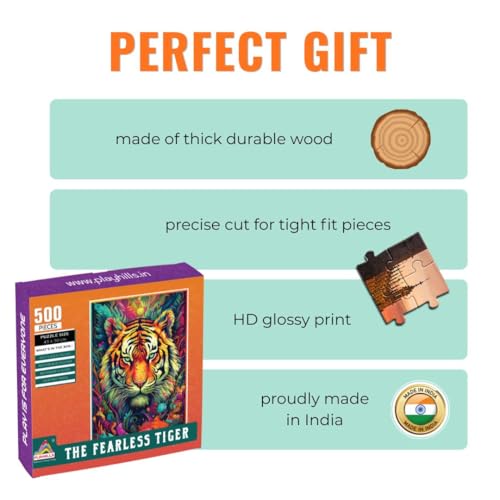 Image of 500 Piece Wooden Jigsaw Puzzle Spirit Animal The Fearless Tiger for Teens & Adults (Age 13+) | Mindful, Challenging & Eco-Friendly Puzzle | Vibrant Artwork, Gift-Ready Box