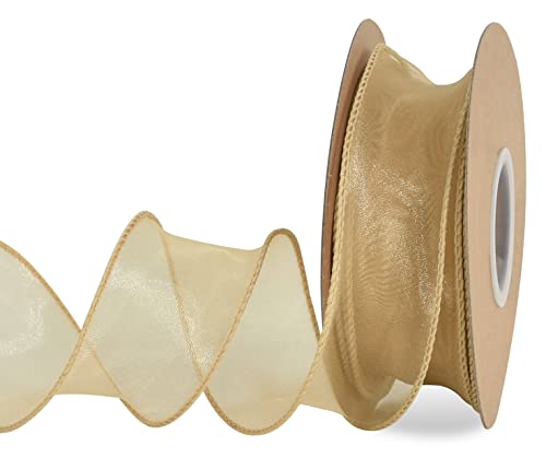TONIFUL 1-1/2 Inch Wide Gold Wired Chiffon Ribbon Sheer Organza Ribbons for Crafts Floral Bouquets Wedding New Year Eve Party Decorations Valentine's Day Gift Wrapping Bow Making Tree Wreaths (10yd)