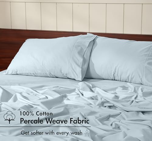 Image of RUVANTI 100% Cotton Percale Sheets California King - Crisp Cooling Summer Bed Sheets for Hot Sleepers, Deep Pocket 12 inch, Soft Peach Finish, Breathable & Durable Hotel-Style 4 Piece Set, Ice Blue
