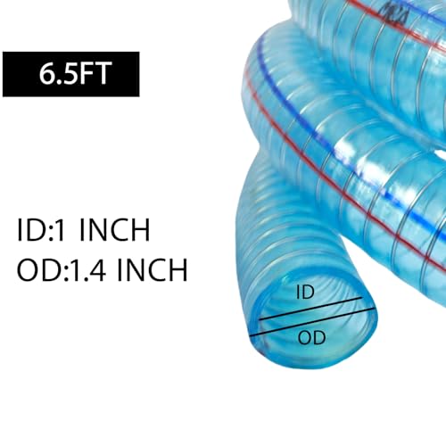 Image of Suction Hose 1 Inch ID Clear PVC Hose Kit, 6.5ft 304 Stainless Steel Wire Reinforced Tubing with NPT Adapter, Clamps & Tape for Fuel Oil Water Suction Discharge