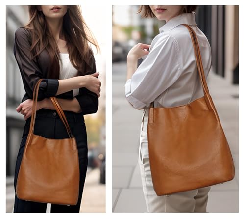 Image of YALUXE Women's Soft Genuine Leather Tote Bucket Bags Hobo Shoulder Bags Trendy Purse and Handbags