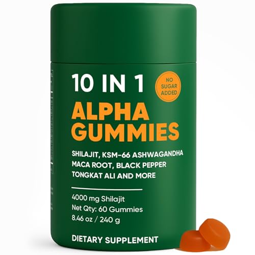 Alpha Gummies 10 in 1, 4000mg Himalayan Alpha Shilajit Gummies for Energy Boost & Immune Support, with Ashwagandha, Gokshura, Fulvic Acid and 85+Trace Minerals, No Added Sugar, Non-GMO, 60 Count