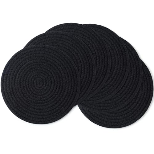 Large Trivets for Hot Dishes, Pots and Pans, Hot Pads 10 Inches 6 Pcs, Pot Holders for Kitchen, Heat Resistant Mats Protect Countertops, Kitchen Essentials Farmhouse Decor (Black)
