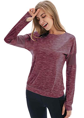 Yucharmyi Women's Long Sleeve Shirts Mesh Yoga Tops Workout Shirts Gym Sports T-Shirt with Thumb Hole Yoga Tanks Workout Clothes for Women Yoga Shirts Activewear Quick Dry Tops(Red,S)