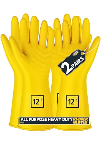 Image of F8WARES 2 Pairs Heavy Duty Rubber Gloves for Cleaning Household, Bathroom | All Purpose Protective Thick Hand Gloves for Kitchen, Industrial, Gardening & Safety | Waterproof & Chemical Resistant