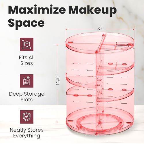Image of Masirs Rotating Makeup Organizer for Vanity, Large 360 Spinning Cosmetic & Skincare Organizer, Adjustable Shelf Height, Perfume Stand, Countertop Storage for Bathroom or Bedroom, Pink