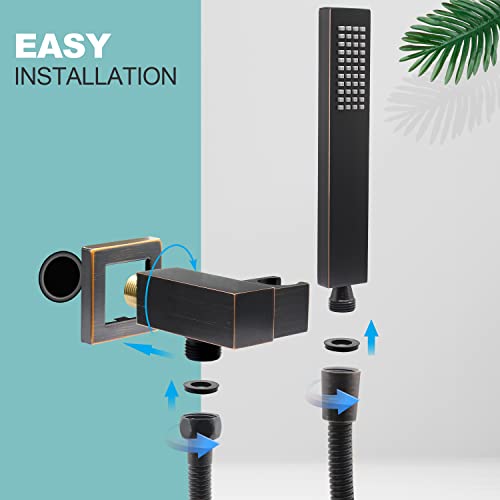 Hand-Held Shower Head Set - Oil Rubbed Bronze Brass Handheld Shower Wand With Wall Mount Adjustable Elbow Holder And 59Inch Long Hose - Modern Rectangle Hand Shower High Pressure #TOP2