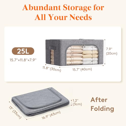 Image of Lifewit Clothes Storage Bins with Metal Frame, Stackable Storage Box, Foldable Clothing Storage Bins with Lids, 25L Storage Bags Fabric Box Organizer with Clear Window& Zippers& Sturdy Handles 4 Pack